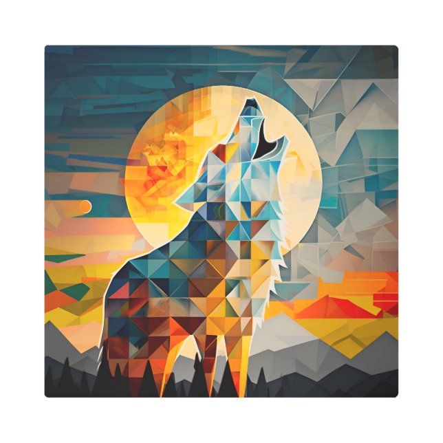 Wolf Howling at Moon Colorful Cubism Metal Print (Front)