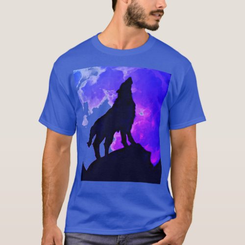Wolf Howling at Moon Deep Royal Blue T_Shirt