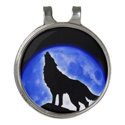 Wolf Howling at Moon Golf Hat Clip