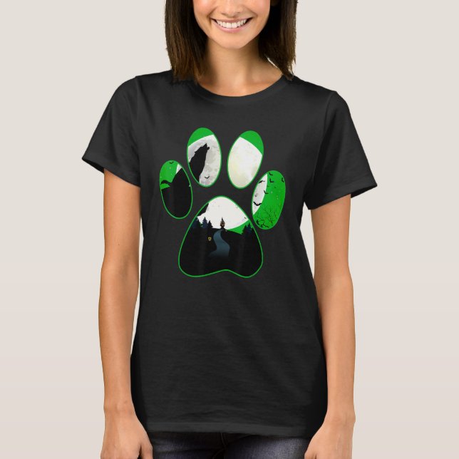 Wolf Howling At Moon Green Dog Paw Halloween T-Shirt (Front)