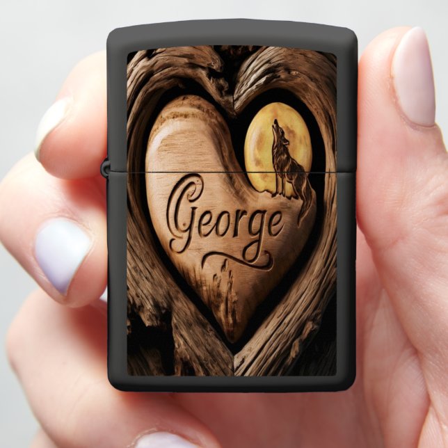 Wolf Howling at Moon Heartwood Zippo Lighter (In Hand)