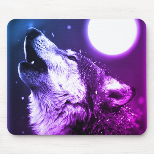 Wolf Howling at Moon in Blue Night Mouse Pad