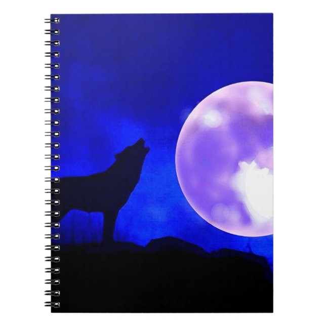 Wolf Howling at Moon in Blue Night Notebook (Front)