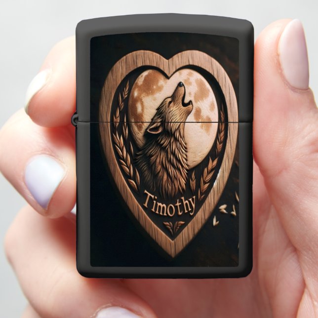 Wolf Howling at Moon in Heart Zippo Lighter (In Hand)