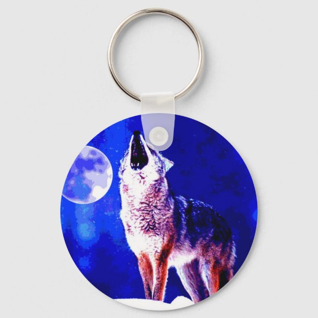 Wolf Howling at Moon Keychain (Front)