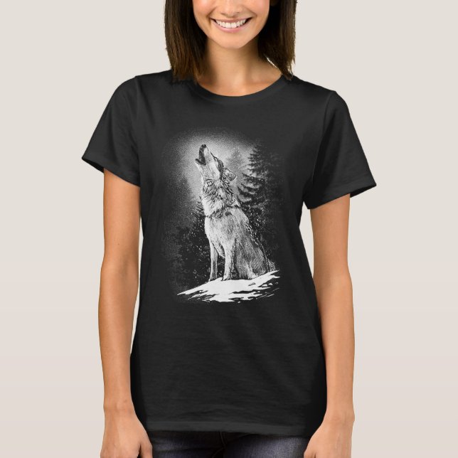 Wolf Howling At Moon  Lone Alpha  Native American  T-Shirt (Front)