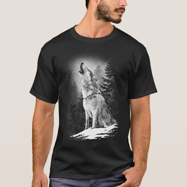 Wolf Howling At Moon  Lone Alpha  Native American  T-Shirt (Front)