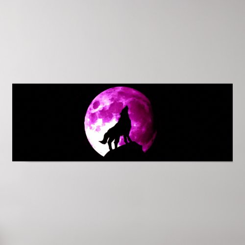 Wolf Howling at Moon Panoramic Poster Print