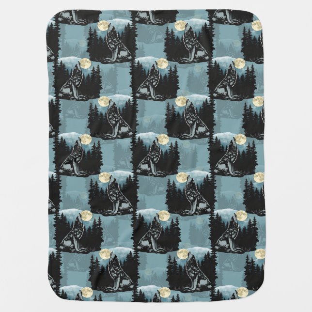 Wolf Howling At Moon Pattern Design  Baby Blanket (Front)