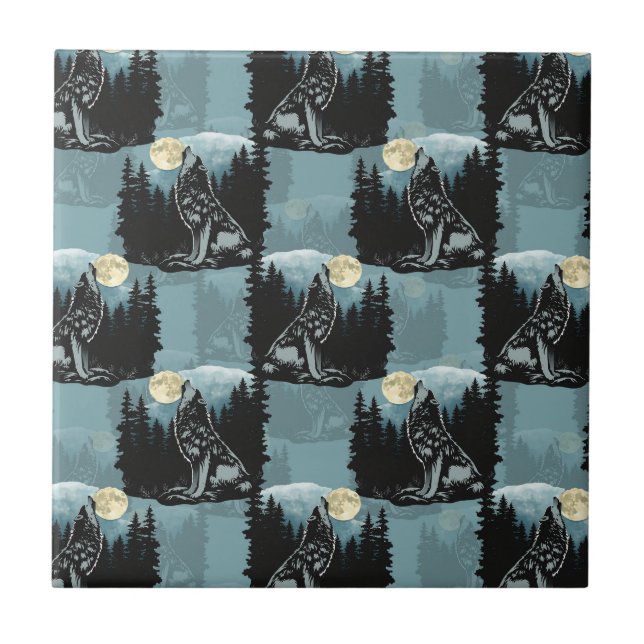 Wolf Howling At Moon Pattern Design  Ceramic Tile (Front)