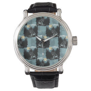 Wolf Howling At Moon Pattern Design Watch