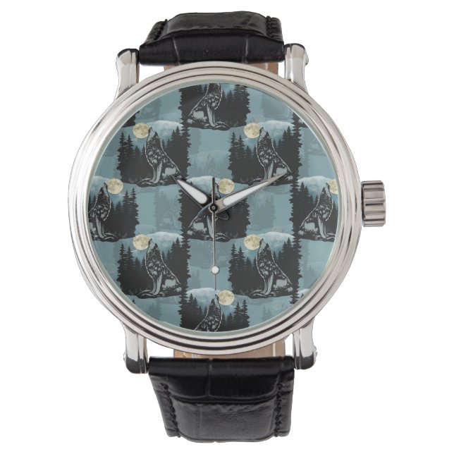Wolf Howling At Moon Pattern Design  Watch (Front)