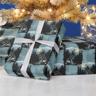 Wolf Howling At Moon Pattern Design  Wrapping Paper