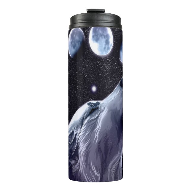 Wolf Howling At Moon Phases in a Starry Night Sky  Thermal Tumbler (Front)