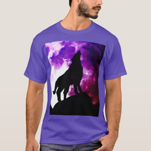 Wolf Howling at Moon Purple Color T_Shirt