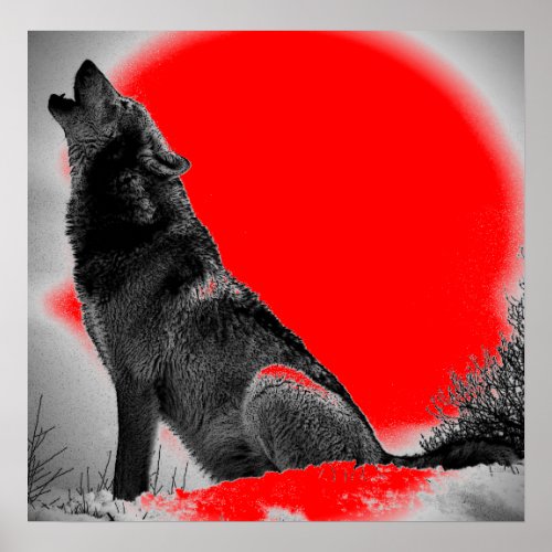 Wolf Howling at Moon Red Pop Art Poster