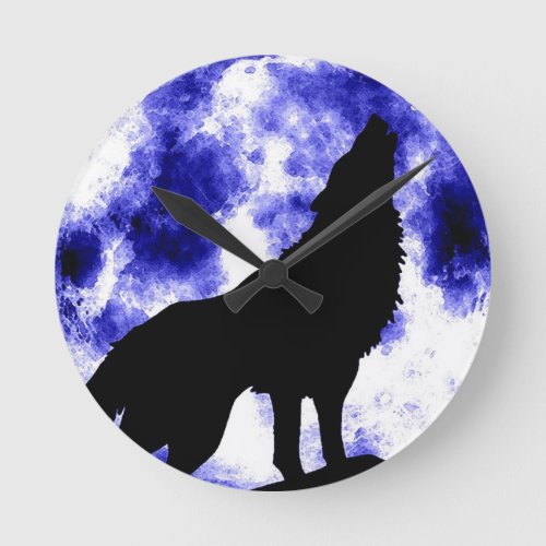 Wolf Howling at Moon Round Clock