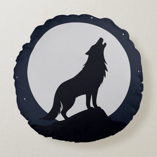 Wolf Howling at Moon Round Pillow (Front)