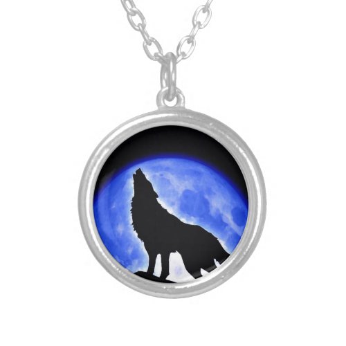 Wolf Howling at Moon Silver Plated Necklace