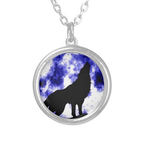 Wolf Howling at Moon Silver Plated Necklace