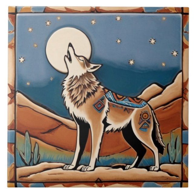 Wolf Howling at Moon Southwestern Style Southwest Ceramic Tile (Front)