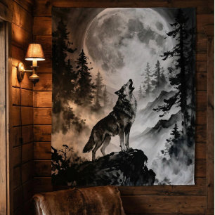 Wolf Howling at Moon Tapestry Dark Forest