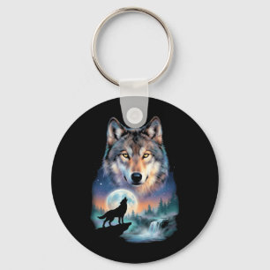 Wolf Howling at Moon Underneath Beautiful Wolf Keychain