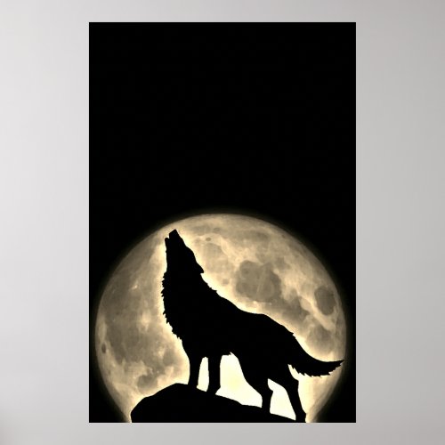 Wolf Howling at Moon Vintage Sepia Poster