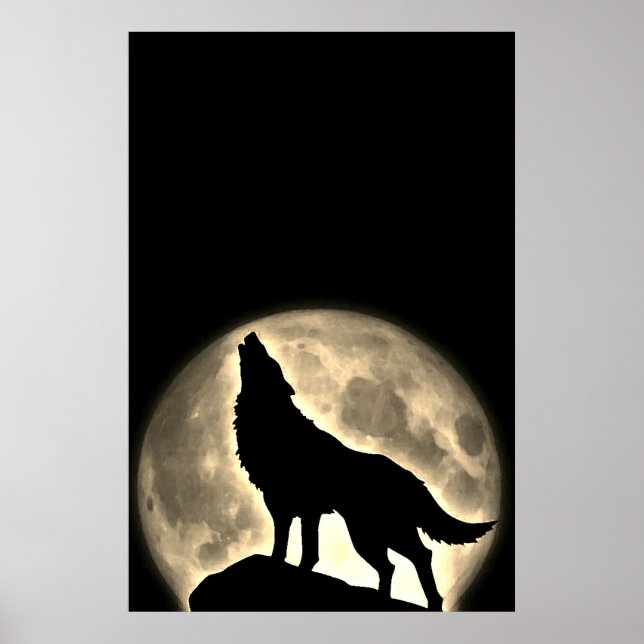 Wolf Howling at Moon Vintage Sepia Poster (Front)
