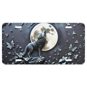 WOLF HOWLING AT MOON WITH FLOWERS LICENSE PLATE