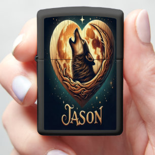 Wolf Howling at Moonlit Heart Zippo Lighter