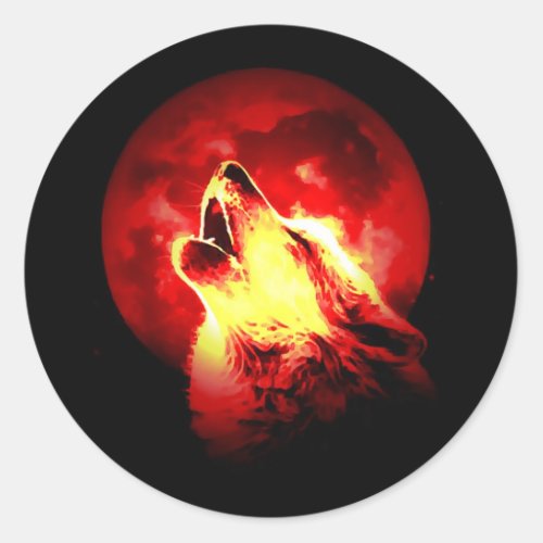 Wolf Howling at Red Night Classic Round Sticker