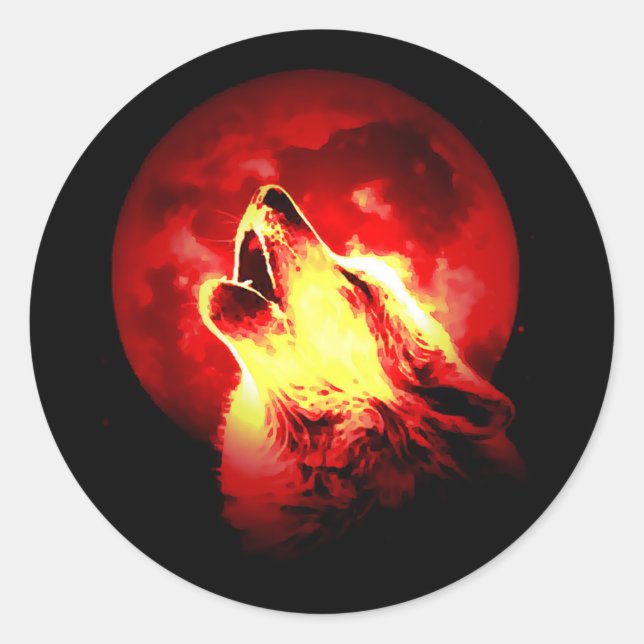 Wolf Howling at Red Night Classic Round Sticker (Front)