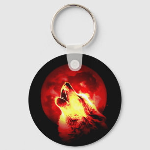 Wolf Howling at Red Night Keychain