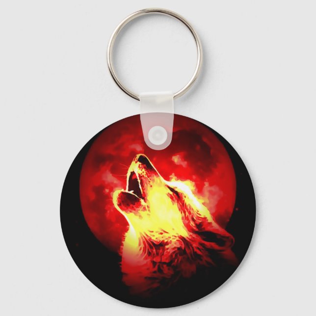 Wolf Howling at Red Night Keychain (Front)