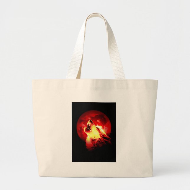 Wolf Howling at Red Night Large Tote Bag (Front)