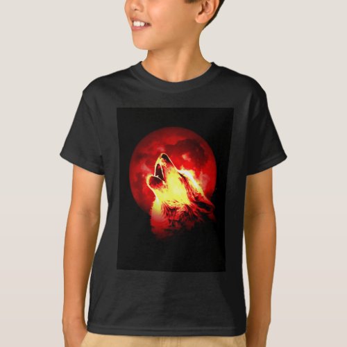 Wolf Howling at Red Night T_Shirt
