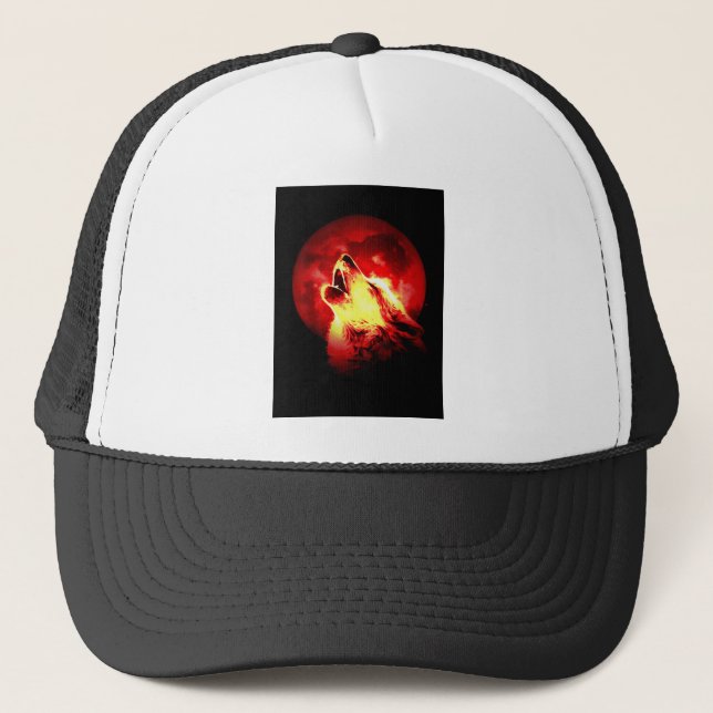 Wolf Howling at Red Night Trucker Hat (Front)