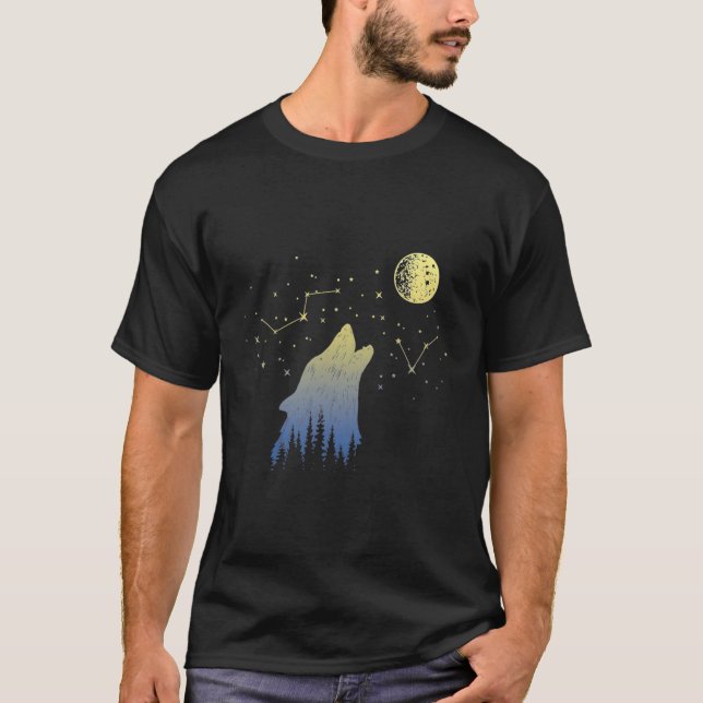 Wolf Howling At Stars Constellations And Moon Wolf T-Shirt (Front)