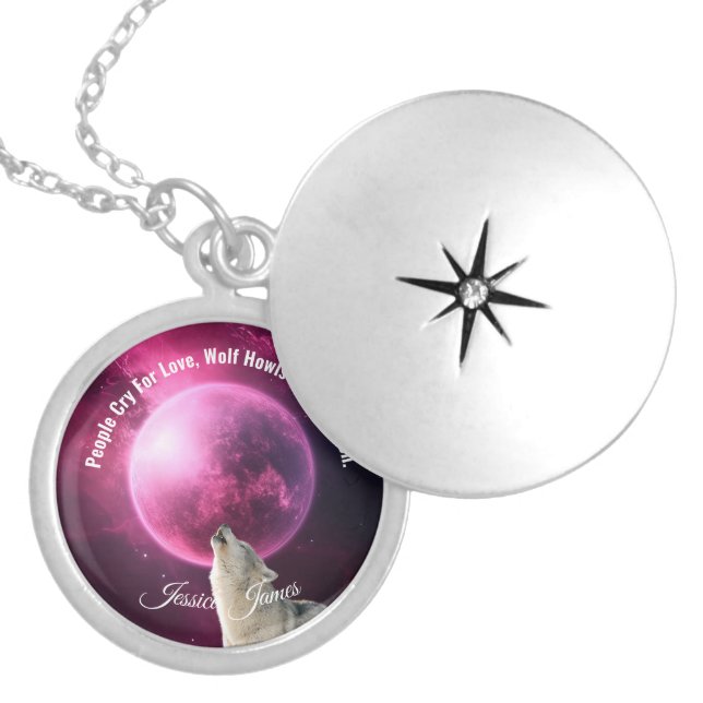 Wolf Howling at The Full Moon, Custom Name & Text  Locket Necklace (Front)