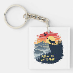 Wolf Howling At The Moon Alone But Unstoppable Keychain