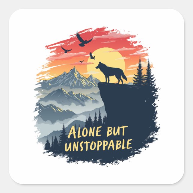 Wolf Howling At The Moon Alone But Unstoppable Square Sticker (Front)