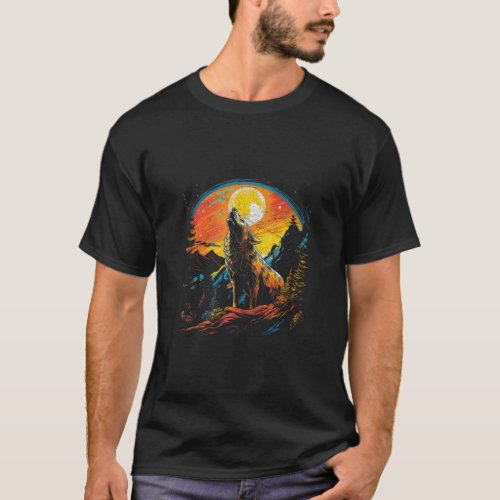 Wolf Howling At The Moon Bright Colorful Night Men T_Shirt