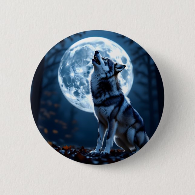 Wolf Howling at the Moon Button (Front)