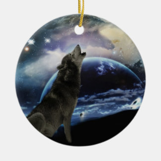 Wolf howling at the moon christmas tree ceramic ornament