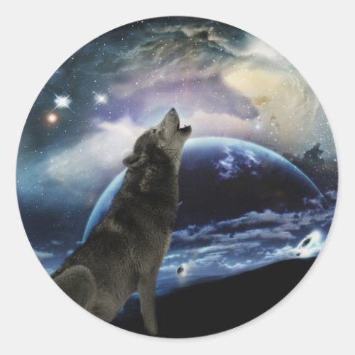 Wolf howling at the moon classic round sticker