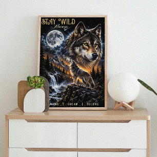 Wolf Howling At the Moon Forest Wildlife Nature Poster