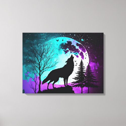 Wolf Howling at the Moon Galaxy Stars Animal Canvas Print