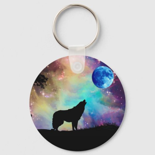 Wolf Howling at the Moon Galaxy Stars Animal Keychain