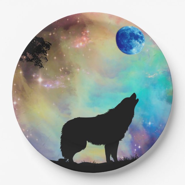 Wolf Howling at the Moon Galaxy Stars Animal Paper Plates (Front)